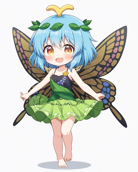 eternity larva,1girl, solo, open_mouth, barefoot, butterfly_net, sun_hat, antennae, fairy, animal, butterfly, butterfly_wings, full_body, white_background, holding, blush, flower, simple_background, smile, collarbone, multicolored_dress, leaf_on_head, bad_anatomy, adapted_costume
<lora:eternity_larva_image1690_2023-12-20:1>,star-shaped_pupils,symbol-shaped_pupils,. gorgeous,key visual, vibrant, studio anime,award-winning, professional, highly detailed,high budget, cinemascope