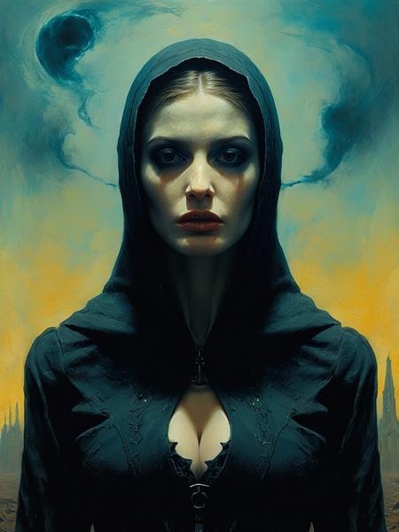 medium shot, portrait painting  , dystopian surrealism,  Gothic Dystopian Future  ,nightmarish, facing camera, fayereagan woman,  dynamic pose,  in a "Zdzislaw beksinski" style painting   <lora:FayeReagan_SDXL_v1.0:1>