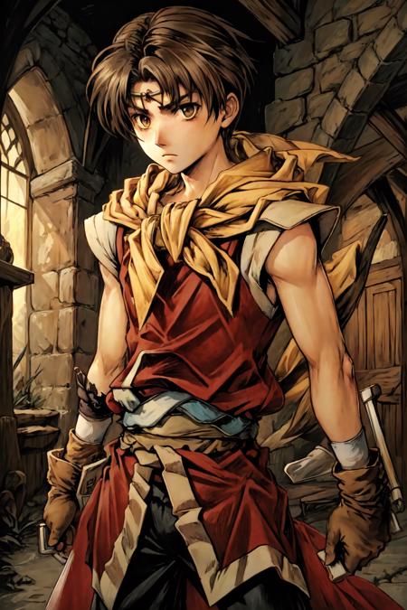 RiouSuikoden,1boy, solo,  yellow scarf, red tunic, black pants,  serious look, inside a medieval castle, torch, <lora:Riou_Suikoden2V1.6:1>