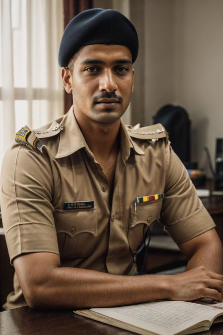 a stunning intricate full color photo of Indian man, as a police officer, wearing a khaki Indian police uniform, (Indian_Police_Unifrom:1) <lyco:Indian_Police_Uniform_V1:1.0> sitting at a desk, detailed skin, epic character composition, by ilya kuvshinov, alessio albi, nina masic, sharp focus, full focus, realistic light, subsurface scattering, f25, 35mm, film grain, analog style,  epiCRealism