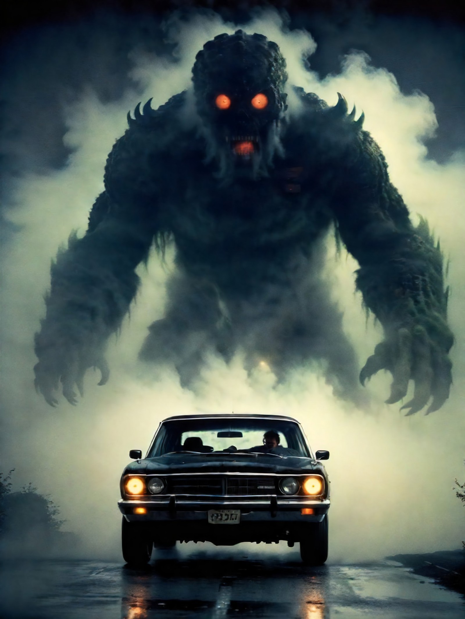 A black and white image of a classic car with its headlights on, driving down a dark road with a large monster or creature looming behind it. The car is in front of the creature, creating a sense of danger and suspense. The scene appears to be in black and white, adding to the dramatic effect and making the monster more prominent. The car occupants are visible, but the focus is on the monster and the car's journey through the unknown.