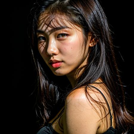 High resolution, High quality, portrait photo, face shot
(Black background, soft lighting), close up, warm lighting, (side view), looking at viewer, looking at camera, face is main focus,
20 years old, 18 years old, young, youthful, smooth skin
Asian, Korean, Kpop, model, cute, sexy, skinny
white spaghetti strap, crop top
medium breasts, round breasts