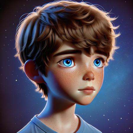 ((starprince_jan)), solo, freckles, blue eyes, realistic, star (sky), short hair, male focus, 1boy, nose, portrait, starry sky, lips, brown hair, bangs, sky, closed mouth, shirt, night, This is a highly detailed, digital illustration in a realistic style, depicting a young boy with a strikingly expressive face. The boy has a heart-shaped face, with a delicate, porcelain-like complexion. His skin is lightly freckled, particularly noticeable across his cheeks and nose. His eyes are an intense, vivid blue, capturing a sense of wonder and curiosity, with subtle, detailed reflections of the surrounding light.