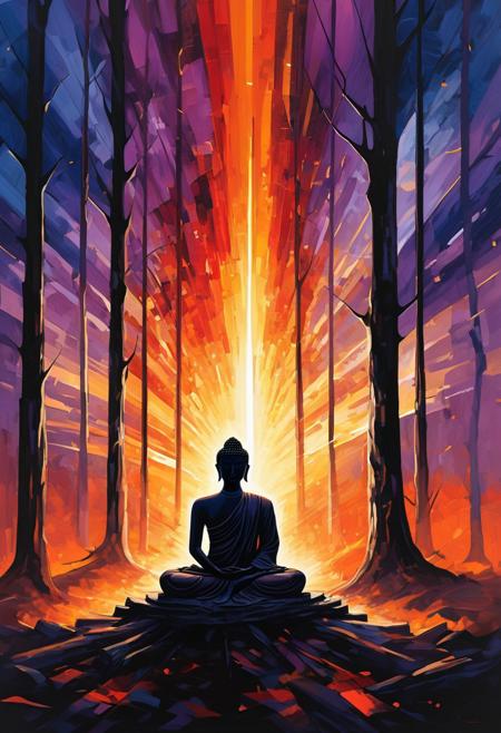 Buddha, buddha sitting under a tree, meditating, closed eyes, in the forest, godray, sunshine, Abstract illustration, surreal fractured landscape, twilight sky with deep indigo to fiery orange gradient, towering geometric shapes resembling shattered glass and steel beams, inner light glowing within structures, dark polished surface reflecting light, ethereal swirling fog in muted purples and blues, vibrant golds and reds in the distance, bursts of light and shadow creating dynamic contrast, white beam of light piercing the sky symbolizing memory and hope, abstract expressionism and digital futurism hybrid, bold colors with intense reds, blacks, golds, and silver, light casting long stretched shadows, broad sweeping brushstroke textures enhanced with digital precision, mist swirling at the base of the scene, radiant sky evoking reflection and honor, powerful and dramatic atmosphere, emotional tribute to 9/11 without banality or figures.