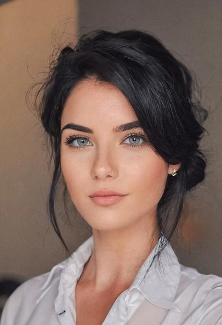 instagram photo, photo of a 25 y.o lady, black hair, Perfect detailed eyes, natural smooth skin, work attire