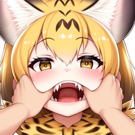 <lora:[NAI] Fang Inspection Day:0.75>, fiday, serval (kemono friends), looking at viewer, pov, pov hands, open mouth, finger in another's mouth,fangs