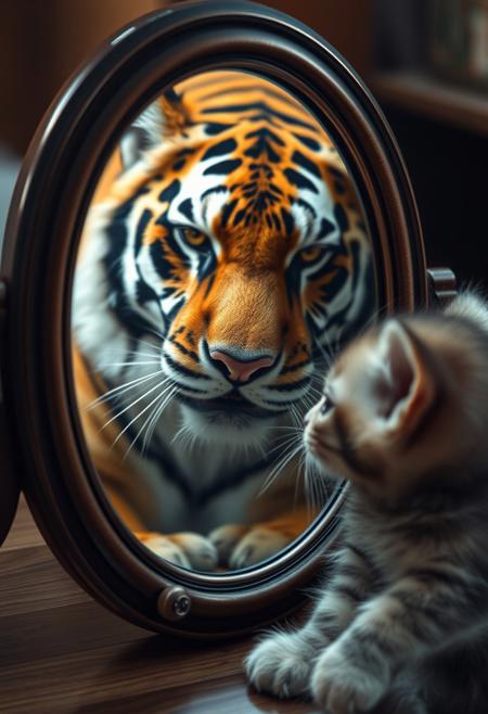 A cute kitten looking in the mirror and seeing an elegant tiger reflection, high resolution, highly detailed, photorealistic, cinematic
