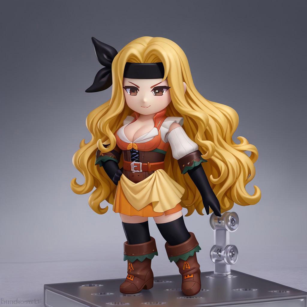 score_9, score_8_up, score_7_up, faux figurine, nendoroid, full body, figure, platform, solo, <lora:Nendoroid_pdxl_Incrs_v1:1>, <lora:febrigid-pdxl-nvwls-v1-000005:1> fe4br, blonde hair, wavy hair, long hair, brown eyes, black headband, orange shirt, corset, cleavage, belt, orange skirt, black gloves, elbow gloves, black thighhighs, brown boots, large breasts,smug, chibi