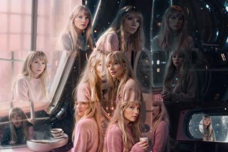 <lora:Taysway_V5-10:0.75> Taysway, Beautiful woman, long blonde hair, fringe, (inside space ship by window background), coffee, relaxed, RAW photo, dark shadows, cinematic, (pink lighting), wearing wooly jumper