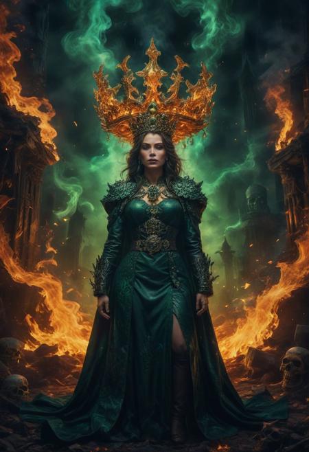 ((Full-length photograph / whole body photograph of the (evil sorceress) wearing black leather robes with (a necklace of skulls) and a (crown of fire)  , standing in a poisonous faint green fog, with an (obsidian tower) behind it)), 
:BREAK:
((Perfect photograph, strong fisheye-lens photograph (intense fisheye-view photograph), strong bokeh, cinematic photograph, experimental low angles, cinematic heaven, warm angelic lighting, intricately detailed, very detailed background, realisticvision-negative-embedding, epiCRealism ))