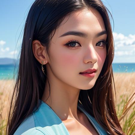 close up portrait,
standing, beautiful blue sky,serene expression, luxury red dress, surrounded by a sea of grass,