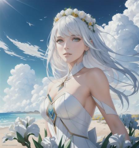 woman face, Beautiful white rose flower on the seashore, in dress white, sunny day, white cumulus clouds, detailed symmetric circular iris, shattered paper fragments, natural body posture, Symmetrical, abstract art style, intricate complex watercolor painting, sharp eyes, Digital painting, color explosion, Concept art, volumetric lighting, metallic reflections, 8k, by artgerm, Trending on Artstation, 16k resolution, 300 dpi, 600 dpi, 4k, Contest winner, High definition