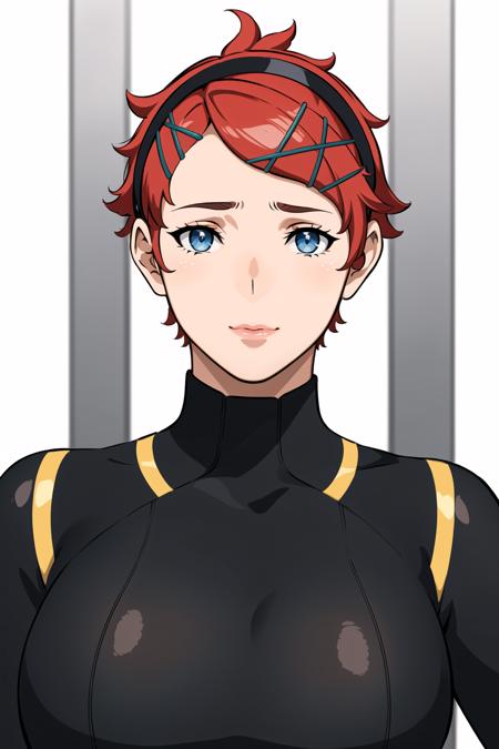 Simple White Background,
black top,brown pants,long sleeves,black bodysuit,sweater around waist, waving,
<lora:Elnora_Samaya_Mercury_Gundam-KK77-V1:0.7>,
red hair,Short hair,hair ornament,headband,blue eyes,hairclip,
<lora:Oda_Non_Style-KK77-V2:0.2>,<lora:more_details:0.1>,
1 girl, 20yo,Young female,Beautiful Finger,Beautiful long legs,Beautiful body,Beautiful Nose,Beautiful character design, perfect eyes, perfect face,expressive eyes,perfect balance,
looking at viewer,(Focus on her face),closed mouth, (innocent_big_eyes:1.0),(Light_Smile:0.3),
official art,extremely detailed CG unity 8k wallpaper, perfect lighting,Colorful, Bright_Front_face_Lighting,White skin,
(masterpiece:1.0),(best_quality:1.0), ultra high res,4K,ultra-detailed,
photography, 8K, HDR, highres, absurdres:1.2, Kodak portra 400, film grain, blurry background, bokeh:1.2, lens flare, (vibrant_color:1.2),professional photograph,
(Beautiful,large_Breasts:1.4), (beautiful_face:1.5),(narrow_waist),