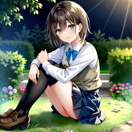 aoi, solo, 1girl (sitting in a garden:1.4) with (short brown hair:1.2) and (green eyes:1.3) and wearing (pleated skirt and brown vest and collared shirt and blue bow and black thighhigh:1.3)
{{{masterpiece}}}, {{best quality, super fine illustration}}, ((dense hair)),  ((beautiful eyes)),{very delicate light, perfect and delicate limbs}, {{ fine luminescence ,very fine 8K CG wallpaper}}, ((an extremely delicate and beautiful girl)), dynamic angle, l (staring blankly, lovely big eyes), beautiful detailed eyes, (absurdres, incredibly absurdres, illustration, ultra-detailed),
solo, high quality, CG, wallpaper, anime girl,dense hair, cute face, two legs, detailed hair, (very detailed hair), (beautiful eyes), Na-ga style