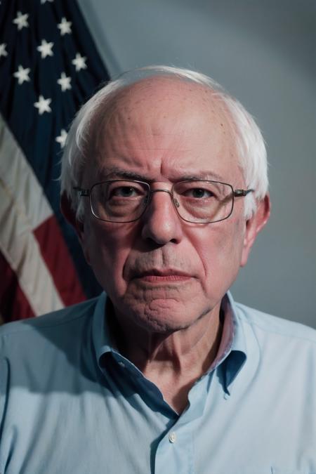 a portrait of bernie sanders wearing a light blue collared shirt on front of the american flag,dark brown eyes,  (shot on Fujifilm Superia 400, Short Light, 32k,cinematic composition, professional color grading, film grain, atmosphere) <lora:bernie_v1:1>