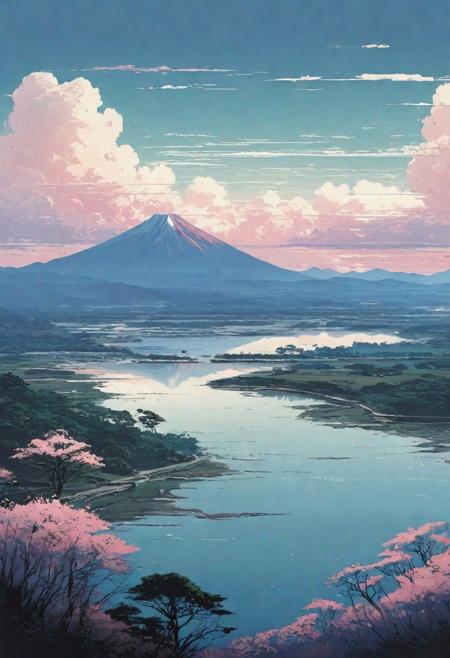 landscape, lo-fi style, epic, different bioms, horizon, different colours palette, pale colors, muted colors, vector, intricate details, highly detailed, soft, acryl, ink painting, strokes, blots, style of makoto shinkai