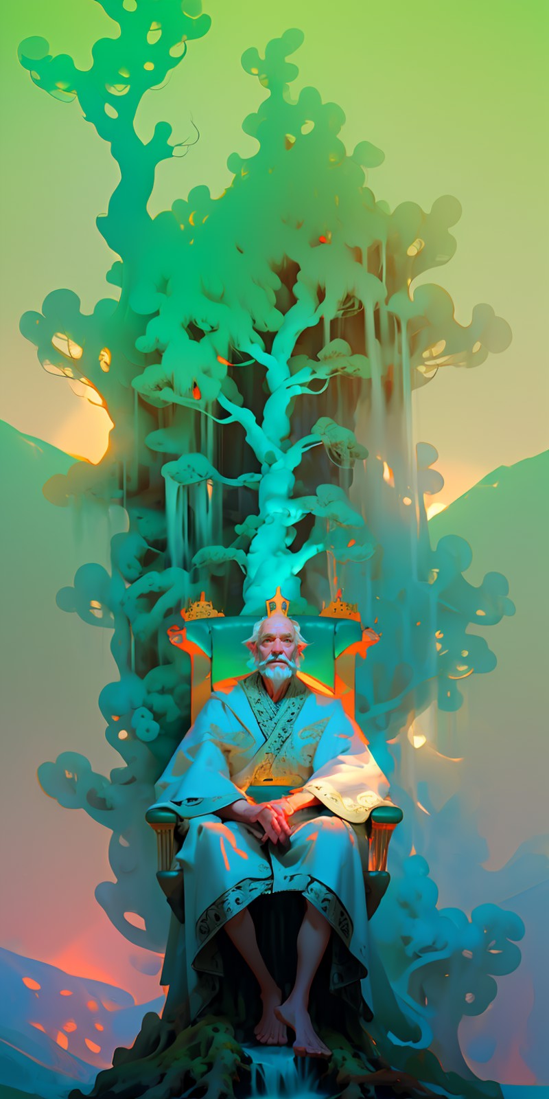 (masterpiece, best quality), old man, robe, upper body, forest, mist, sitting, waterfall, throne, surreal, ((intricate)), ...