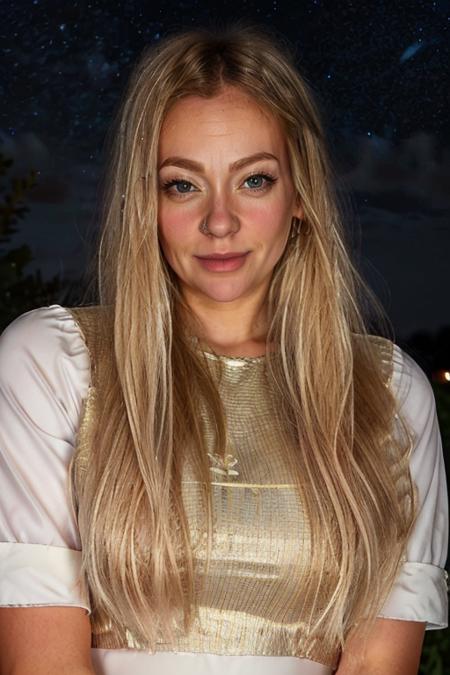 <lora:Cherry_Healey:1> masterpiece, best quality, detailed face, 1girl, solo, realistic, c1873h, long blonde_hair, graduation costume ,  night sky , night