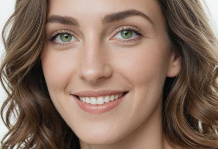 A meticulously detailed, hyper-realistic studio portrait of a 35 years old woman with sun-kissed skin and bright green eyes. She has a slim, oval, delicately contoured face with high cheekbones, a narrow jawline, and a subtle V-shaped chin. Her wavy, short-length light brown hair is casually tousled, framing her naturally beautiful face. Her skin has realistic texture: visible pores, soft natural wrinkles, gentle laugh lines, and minor imperfections that enhance authenticity. She wears a warm, genuine smile. The lighting is soft window daylight, captured with an 85mm lens at f/4, with natural color grading and an unedited RAW film look — inspired by Kodak Portra 400. No makeup retouching, no plastic effect, no artificial smoothing. photography , editorial photo,  realistic , natural light,  highly detailed