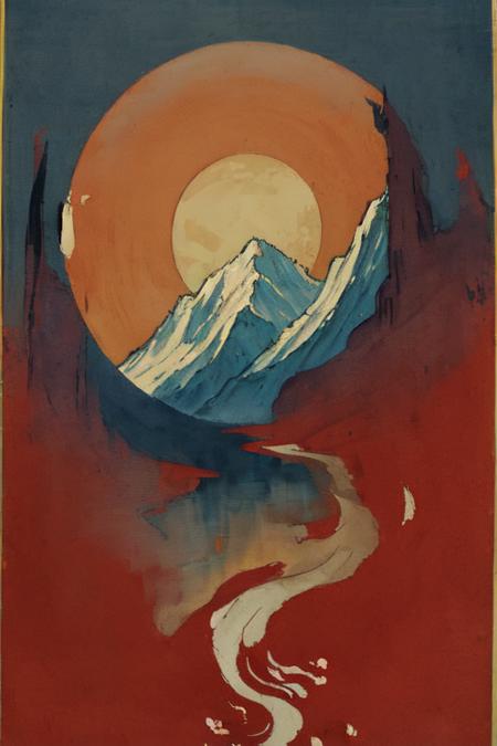 layered mountain red sun(Chinese color_ink painting style),exudes the style of traditional (Chinese color_ink painting),