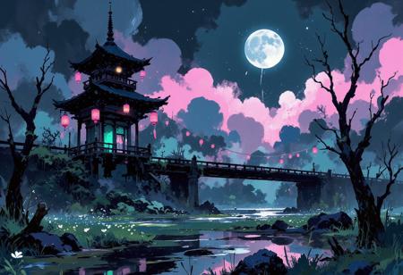 aidmafluxpro1.1, abstract style of Bruce Holwerda,
soft lighting with dynamic highlights,
A surrealistic landscape depicting a gloomy swampy area. In the middle of the swamp is a three-story wooden pagoda decorated with paper lanterns. The lanterns emit a mystical green light. A long aqueduct crossing the swamp leads to the pagoda. The swamp is lined with low, dried-up trees without leaves, reeds, and small white flowers. The sky is covered with heavy dark clouds, illuminated by the full moon. A pinkish magical smog hangs in the air. 
i11ustmin Illustration