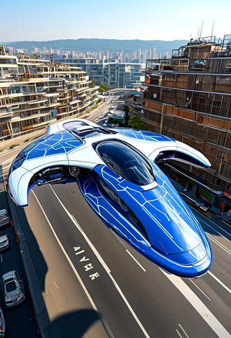 an angled side view of a blue and white ((open-top) roofless futuristic (hovering vehicle)) with no wheels, cybernetic and electronic circuitry exposed and visible engines, hovering on a futuristic street,