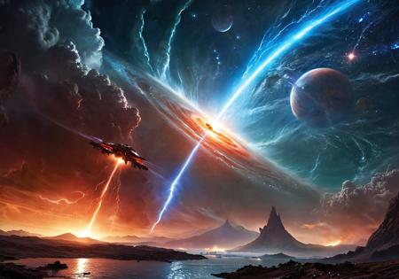 A massive mountain-sized vertical futuristic city on a mountain on an alien water planet, viewed from a valley at night, glowing neon hovercraft and multiple huge Star Trek inspired spaceships navigating through swirling clouds of thick planetary dust human-sized robots getting out of a destroyed spacecraft that crashed because of the storm, the city surrounded by an advanced wall, alien oceans with islands, cyan-toned atmosphere (red, orange, white, soft blues), blue-white solar storm above, small arcs of space lightning crackling through the upper atmosphere, atmospheric haze, in the sky: a massive ringed planet looms with smaller celestial bodies orbiting it, feeding off the glowing gases of a nearby nebula, tendrils of cosmic gases stretching between them, surreal space sky filled with stars and interstellar dust, hyper-detailed, cinematic sci-fi concept art, illustrated by Raphael Lacoste and Syd Mead