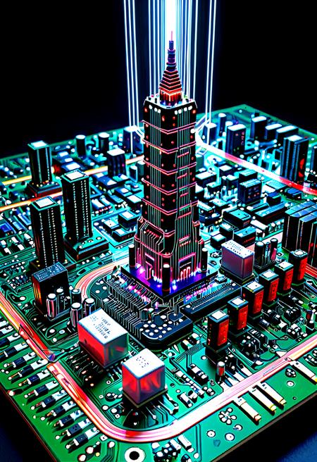 TzigoCBS, mini-scale cyberpunk city, high contrast, highway made of circuit board traversing, tiny buildings, tiny houses, capacitors, coils, short-circuit, tower bursting glowing electric energy, chips, cmos, sparkles, electric arc striking over the city, chromatic aberation, 
high quality, masterpiece, best quality, amazing quality, very aesthetic, ultra-detailed, detailed face, 8k, abusrdres