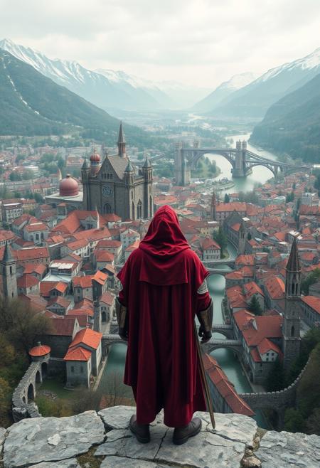 High quality high resolution digital photograph depicting a medieval cityscape from an elevated viewpoint. The layout features a sprawling city with intricate stone buildings, towers, and bridges, nestled in a lush, mountainous landscape. The subject is a lone figure with their back to the viewer, wearing a detailed, red hooded cloak and medieval armor, standing on a stone ledge overlooking the city. The city is characterized by its dense architecture, with red-tiled roofs, narrow streets, and a prominent castle with multiple towers. In the background, snow-capped mountains and a river winding through the valley add depth to the scene. The overall color palette includes earthy tones, greens, and grays, with the red cloak providing a striking contrast.