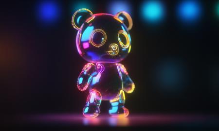 <lora:shineglasscd_xl-000005:0.7>,a (shineglasscd_xl,shine glass,neon lights,light particles,colorful:1.3,gradient,chromatic aberration) mechanical panda,no humans,long-focus,tilt-shift,dark background,simple background,full body,chinese zodiac,cutie,cute,still life,front view,facing viewer,looking at viewer, emotional,harmonious,high budget,moody,epic,gorgeous,perfect lighting,realistic,photorealistic,photographic,photo (medium),real,moody lighting,volumetric lighting,reality ray tracing,8K,HDR,UHD,masterpiece,best quality,highly detailed,high resolution,finely detail,extremely detailed,ultra detailed,wallpaper