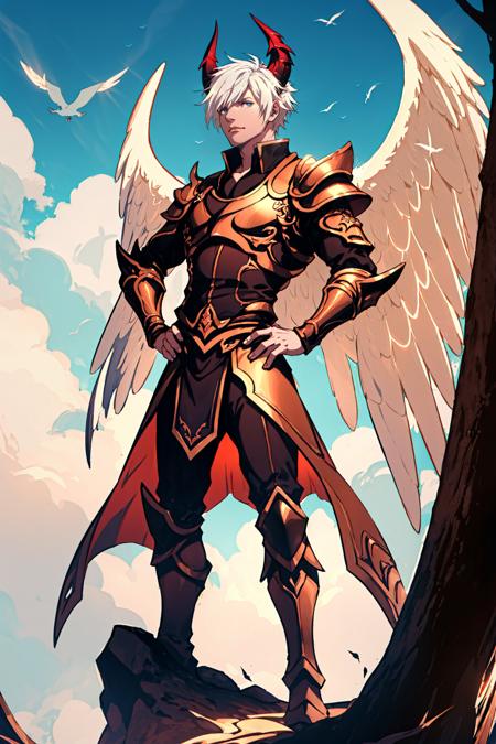 <lora:CREATED_ANIME_ShingekiNoBahamut_Lucifer_v01DanPend77_64dim:0.6>lucifer \(shingeki no bahamut\), 1boy, male focus, full body, white hair, horns, devil, demon, holy light, glowing outline, angel wings, feathered wings, dappled sunlight, nature background, forest, trees, blue sky, clouds, hand on hip, looking down, looking at viewer, armor, pedestal, sunbeam, intricate, detailed, filigree, 64K, f1.2, 800mm, UHD, dynamic lighting