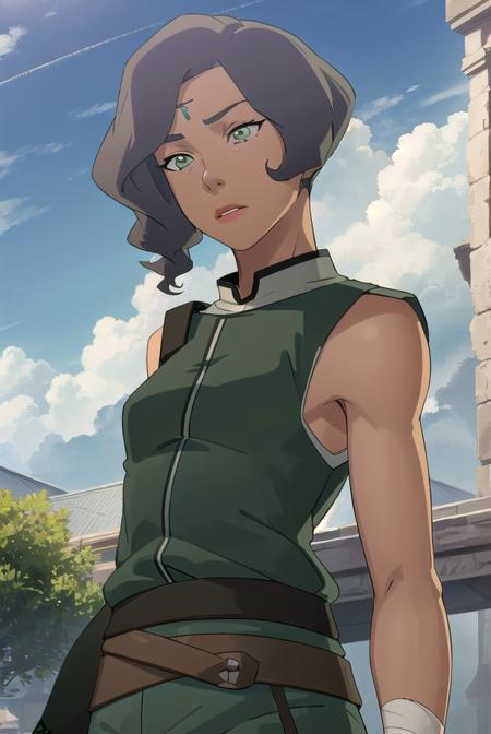 avatarsuyin, <lora:avatar suyin-lora-nochekaiser:1>,
suyin, short hair, grey hair, (green eyes:1.3), dark skin, dark-skinned female,
BREAK sleeveless, pants, bandages, green pants, wrist wrap, ankle wrap,
BREAK outdoors, forest, nature, grass, trees, sun, sky, clouds,
BREAK looking at viewer, (cowboy shot:1.5),
BREAK <lyco:GoodHands-beta2:1>, (masterpiece:1.2), best quality, high resolution, unity 8k wallpaper, (illustration:0.8), (beautiful detailed eyes:1.6), extremely detailed face, perfect lighting, extremely detailed CG, (perfect hands, perfect anatomy),