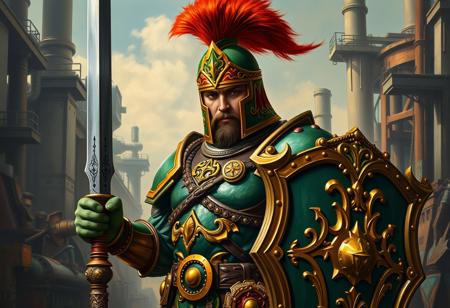 A classical masterwork painting in the style of Raphael, depicting a heroic World of Warcraft Scrap Soldier in a dignified yet dynamic pose, one hand firmly on a finely crafted sword, the other holding a ornate shield. The armor, rendered with rich impasto, is a glorious array of green and gold, intricately adorned with vibrant red and orange details that catch the light. The regal green and gold helmet is crowned with a flowing red plume, painted with exquisite detail. The background is a beautifully composed Scrap Factory, its architectural elements and machinery forming a grand, painterly backdrop that accentuates the Scrap Soldier. The scene conveys a timeless sense of readiness and heroic stature. 8K, Raphael Style, Houdini Style, Lifelike Details, Super Detailed Face and Eyes and Clothes, Handcrafted with Precision, High Quality, Sharp Brush Strokes, Stunning Colors, Harmonious Colors, Multi Colored, Contemporary Aesthetics, Beautiful Matte Painting, Impeccable Composition, Creative Angle, Attractive Background, Balanced Editing, Intentional Focus, Well-timed Moment, Captivating Lighting, Vivid Emotions, Joyful Impact, Powerful Message, Beautiful Detailed Eyes, CGSociety, trending on Artstation, Golden Ratio, Exceptional Quality, More Detail, Super Detailed.