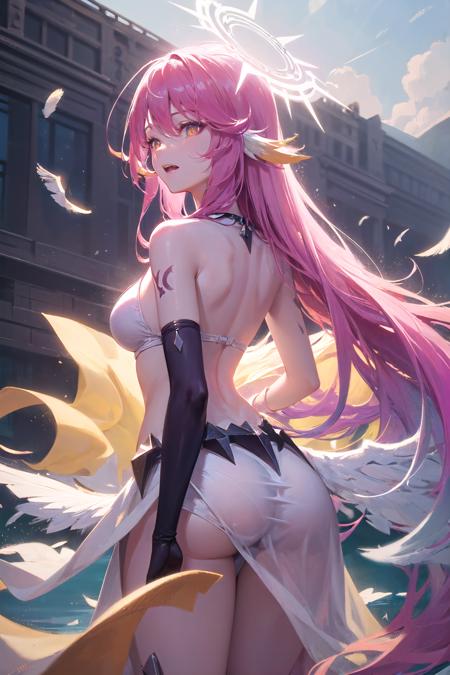 Ultra-detail,(highres:1.1),best quality,(masterpiece:1.3),cinematic lighting,
<lora:ngnl_jibril:1>,ngnl_jibril,long hair,pink hair,halo,(showing back:1.6),looking away,behind,wings, (low wings:1.3),feathered wings, 
(detailed face and eyes:1.3),detailed teeth,