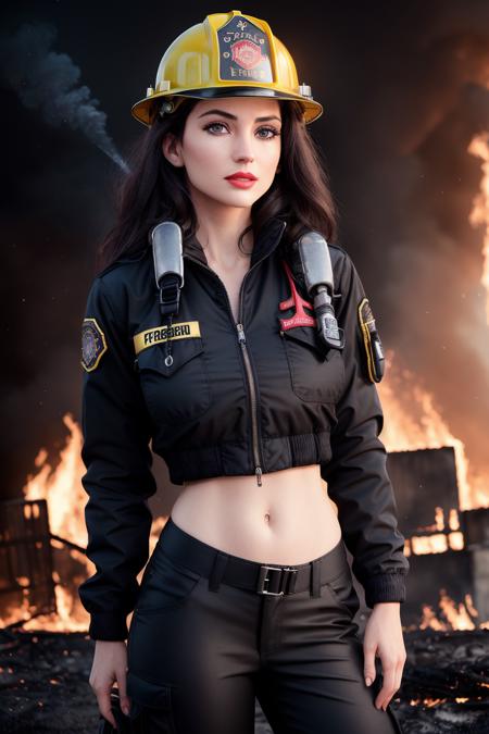 photo of <lora:juliabenson-06:0.7>, juliabenson, a woman with ((pale skin, black hair):1.1), ((cowboy shot, waist, hips, thighs):1.2),(beautiful skin, perfect skin), ((firefighter jacket, firefighter helmet, pants, fully clothed):1.3), ((standing, outdoors, burning neighborhood, homes, fire, explosions):1.2),((red lipstick, eyeliner, full makeup, eye shadow):1.2),((best quality, masterpiece, extreme details):1.2) ((detailed face, beautiful face, detailed eyes, beautiful eyes):1.2),modelshoot style, (extremely detailed CG unity 8k wallpaper), photo of the most beautiful artwork in the world, , professional majestic (photography by Steve McCurry), 8k uhd, dslr, soft lighting, high quality, film grain, Fujifilm XT3 sharp focus, f 5.6, High Detail, Sharp focus, dramatic