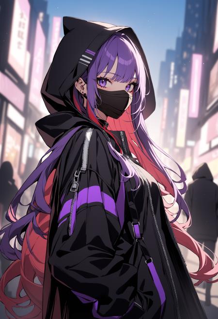 1girl, Holo-Punk Style, black coat, blurry, blurry background, coat, hood, hood up, long hair, long sleeves, looking at viewer, mask, mouth mask, multicolored hair, nail polish, outdoors, purple hair, purple nails, red hair, solo, very long hair, zipper, cinematic angle, newest, cinematic angle, cinematic lighting, masterpiece, best quality , <lora:HoloPunkXL:0.5>