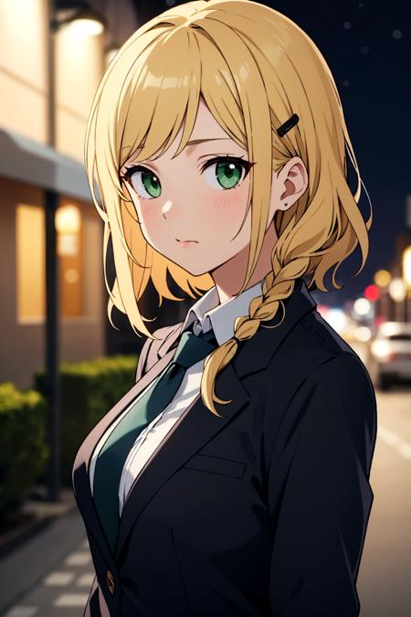 masterpiece, best quality, cute, kawaii,
medium hair, wavy hair, blonde hair, green eyes, swept bangs, shirt, large breasts, button gap, braid, suit jacket, hairpin, necktie, 
depth of field, street, bokeh, night, portrait,