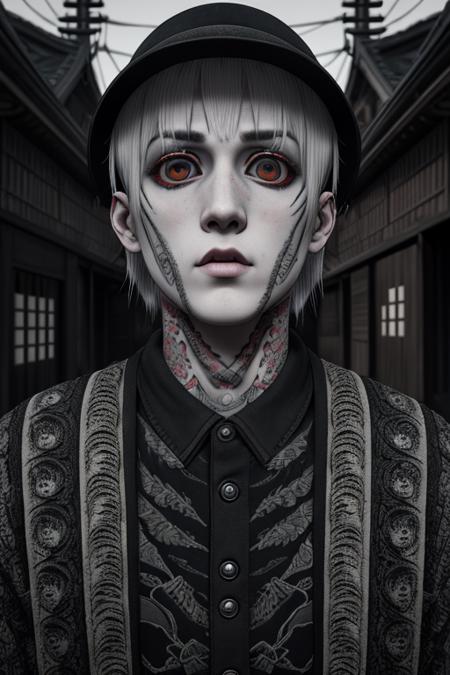 A portrait of Lil Peep in the style of (Junji Ito:1.1) in the village of (Amegakure:1.1) horror, red filaments sprawl the floor, 8k, HDR, Unreal Engine 5, Octane Render, photorealistic, cinematic lighting, NVIDIA RTX ON, extremely detailed, intricate, 8k, 4k, (highres:1.1), best quality;