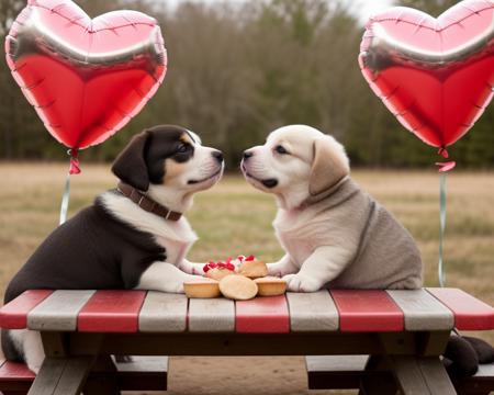 cinematic shot of 2 chubby cute puppies kissing, noses, on a picnic table, with hear shaped balloons, valentines