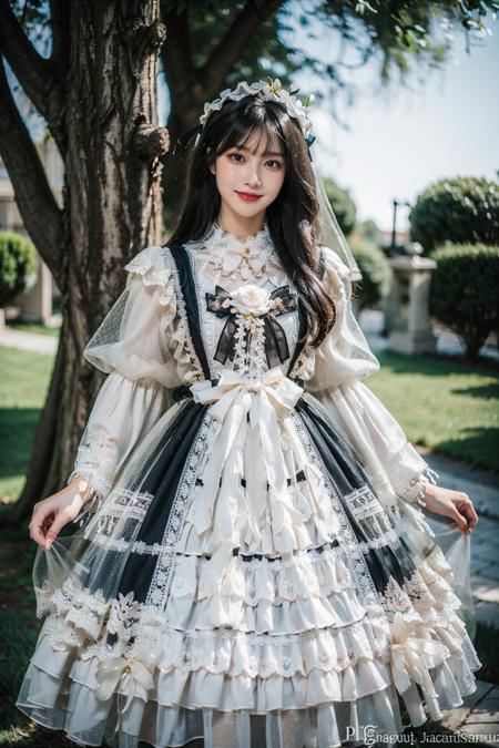 best quality, masterpiece, photorealistic, 1girl, solo, standing, black hair, straight hair, blunt bangs, looking at viewer, smile, lo dress, layered dress, long dress, lace-trimmed dress, frills, lace, long sleeves, puffy sleeves, wide sleeves, see-through sleeves, veil, hair ornament, in garden, flower, detailed background, <lora:lo_dress_classic_style2_v2:0.65>