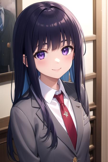 ((masterpiece)),(best quality),official art,extremely detailed CG,unity 8k wallpaper,ultra detailed,beautiful detailed eyes,extremely detailed face,1girl,solo,upper body,(portrait:1.5),looking at viewer,facing viewer,smile,furude rika,long hair,blue hair,violet eyes,hime cut,sidelocks,blunt bangs,eyebrows visible through hair,st. lucia academy school uniform,blazer,grey jacket,collared shirt,white shirt,red necktie,medium breasts,blue skirt,pleated skirt,white socks,loafers,<lora:Furude Rika(hnnk)>,