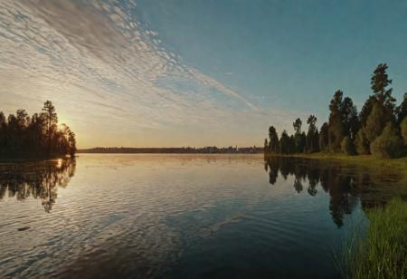 dawn over a quiet lake. In the distance, you can see the silhouette of the city skyline, and in the foreground floats a lone boat. This is a story about a new beginning and the opportunities that come with each new day Ivan Shishkin, 4k resolution, hyper detailed