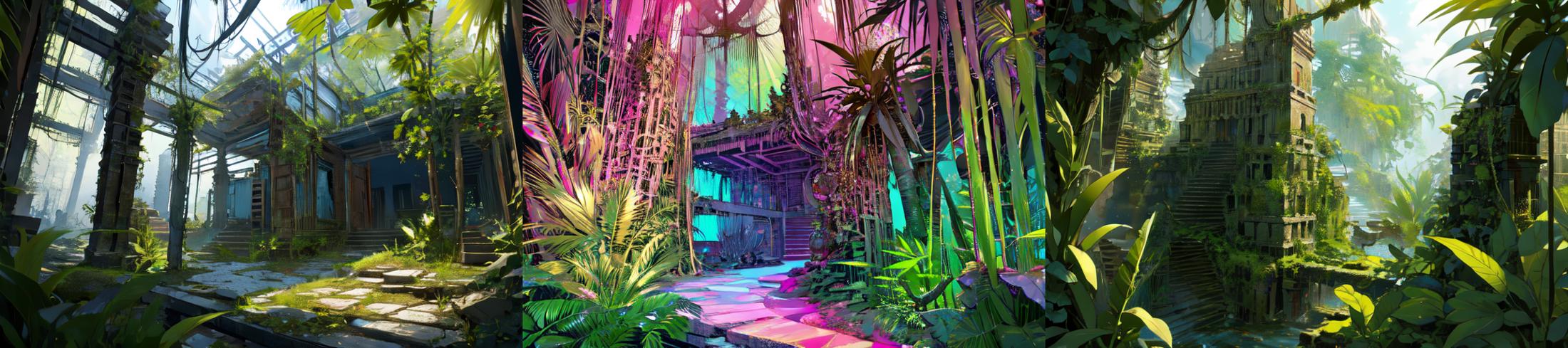 highly insanely detailed, masterpiece, top quality, best quality, highres, 4k, 8k, RAW photo, (very aesthetic, beautiful and aesthetic), 
ruins in a fantasy jungle, FanJu, 
<lora:FantasyJungle-11:1>, 
(1girl:1.3), 1other, 
__lazy-wildcards/prompts/hair__, 
__lazy-wildcards/dataset/background__,âââ