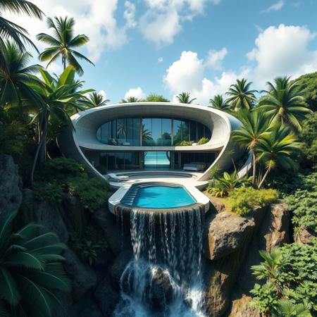 A futuristic concrete modern house in a shape of a space ship with swimigpool on a waterfall inspired from a famous architect, with exotic luxuriant vegetation around, in a tropical jungle setting, near a beach, photorealistic, a masterpiece, 4K, high details, view from close, wide lenses camera