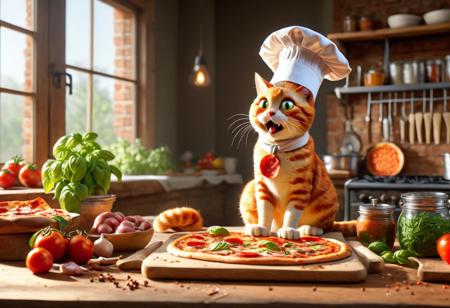 A pizza, pizzasdx, positioned on an antique wooden desk,  A lively and adorable cat chef in a realistic cartoon style, wearing a white chef hat and apron, animatedly tossing pizza dough into the air with focus and enthusiasm. The scene is set in a warm and richly detailed kitchen, featuring a glowing wood-fired oven in the background. Surrounding the cat are fresh ingredients like tomatoes, basil, cheese, and pepperoni, laid out on a rustic wooden countertop. The walls are adorned with hanging cooking utensils, and shelves are filled with jars of spices and herbs. Sunlight streams through a nearby window, adding depth and warmth to the atmosphere, creating a vivid and story-filled setting, ultra realistic, hyper detailed, cinematic lighting, highlights, suspenseful atmosphere, RAW, (realistic photo, best quality, detailed), (8k wallpaper), (cinematic lighting, dramatic lighting), (sharp focus, intricate)