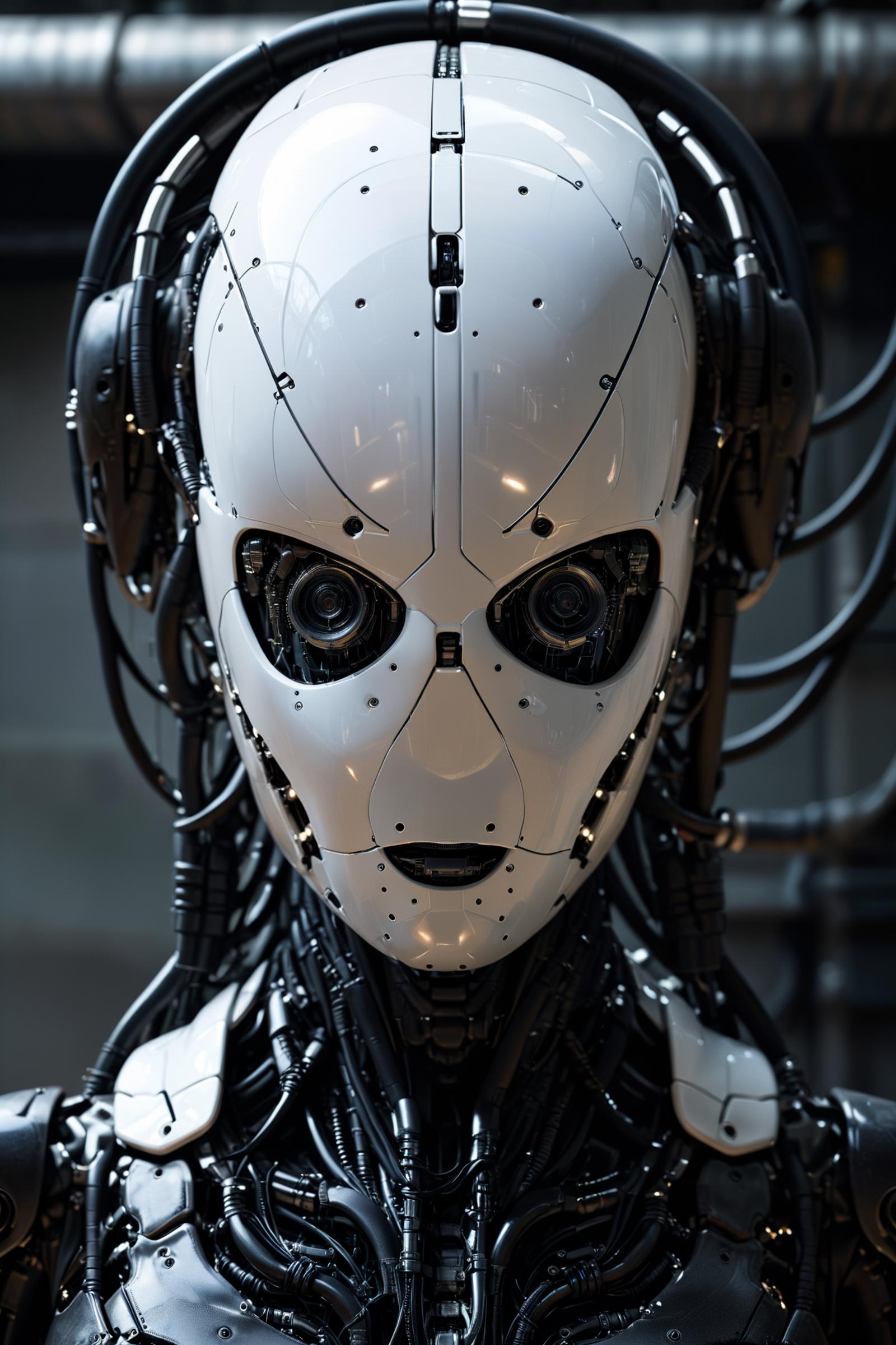 A robot with a silver face and black wires.