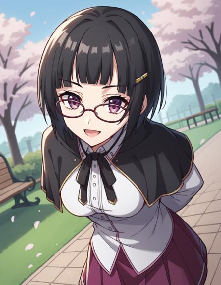 souna sitri, short hair, black hair, hair ornament, glasses, hairclip, bangs, blunt bangs, purple eyes, medium breasts shirt, ribbon, school uniform, white shirt, black ribbon, neck ribbon, capelet, black capelet, long sleeves, skirt, red skirt,