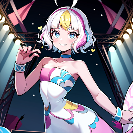 sayu colored skin, ahoge, white hair, blue eyes, monster girl, pink skin, short hair, blonde hair, mermaid, pink hair, choker, bare shoulders, bubble, dress, jewelry, heart-shaped pupils, streaked hair