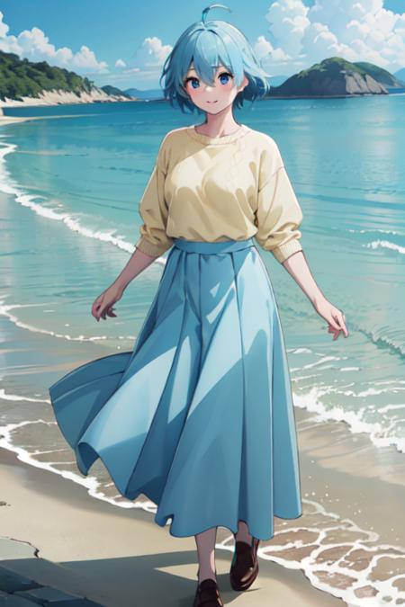 masterpiece, best quality, sky,1girl,out door,sea,cowboy shot,
 <lora:VivyV3:0.6>, vivy, long skirt, blue skirt,ahoge,Yellow Summer Sweater,