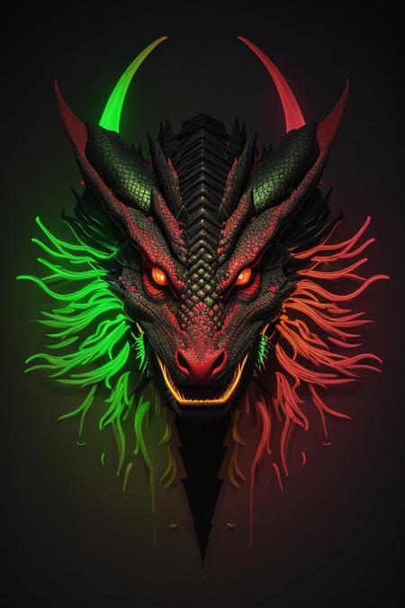 Asian dragon , green, red, gold snake gradient vibrant neon colour, rough, textural, broad brush strokes, red color prominent detailed, alienzkin, silhouette, spotlight, dark theme, c4d, blender, raytracing, unreal engine 5, render 3d, face close up,  from above,